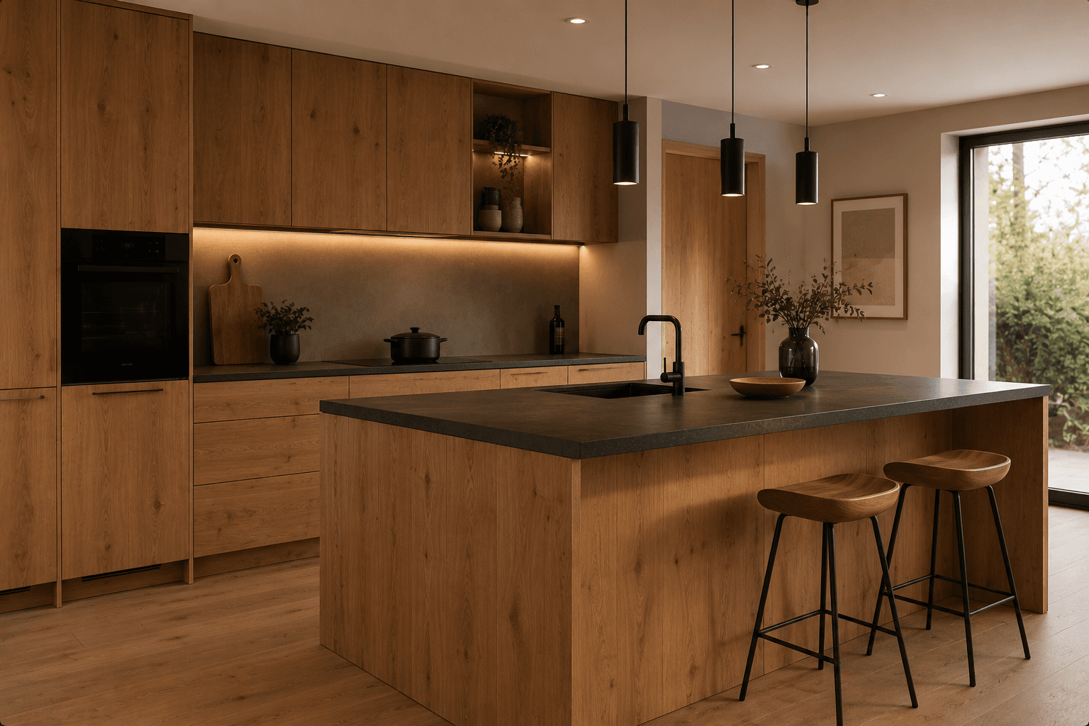 Moderne Wohnküche mit Holzfronten