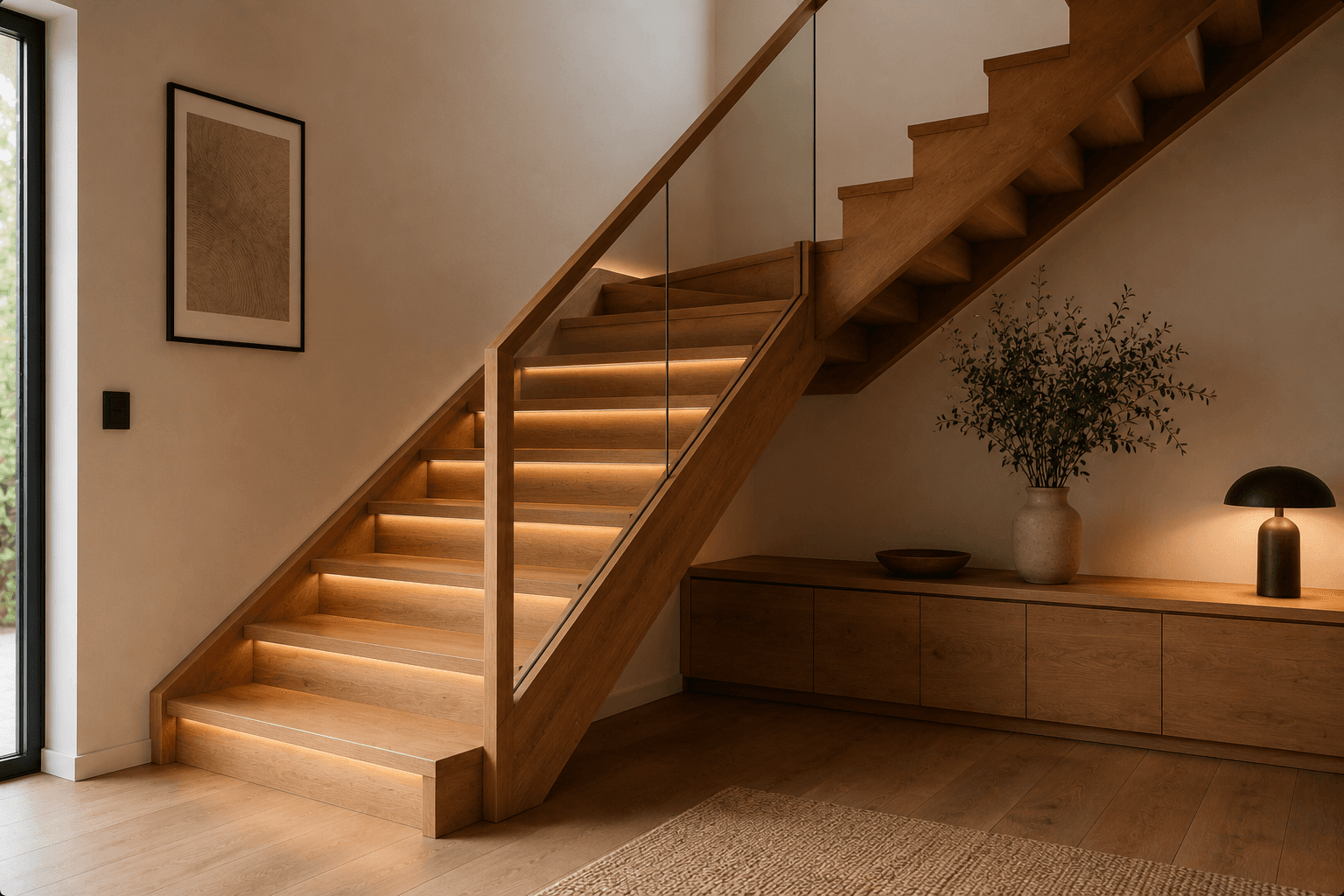 Minimalistische Holztreppe im Innenbereich